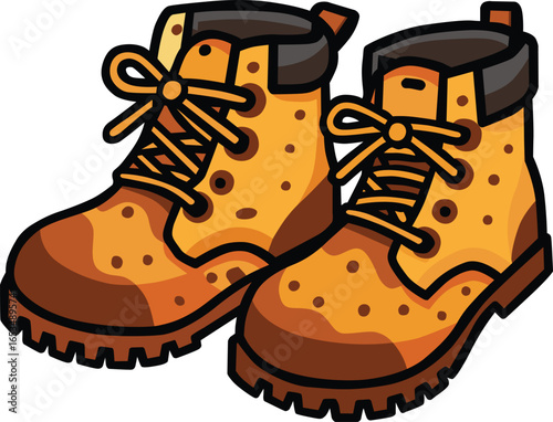 Cartoon style hiking boots isolated on white background, detailed work footwear with brown leather texture and shoelaces, perfect outdoor equipment image for trekking, camping, travel, and adventure t
