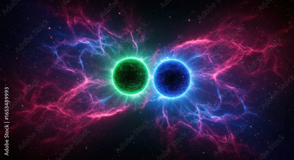 Obraz premium Plasma energy spheres colliding in space