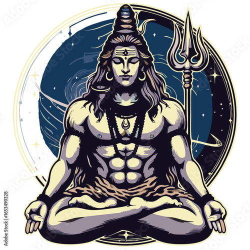 Hindu god shiva meditates with trident. Suitable for spiritual designs, cultural presentations, hindu festivals, meditation products, and yoga classes.