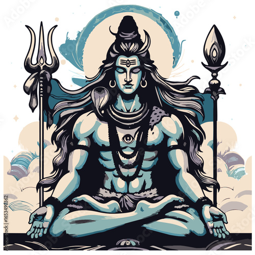 Hindu god shiva meditating, suitable for spiritual and religious designs, meditation apps, yoga studios, and wellness products.