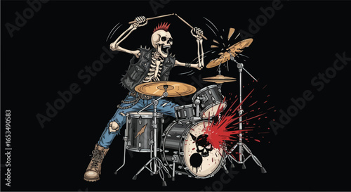 A skeletal punk rocker with a mohawk energetically plays a drum kit, sticks flying, with blood splatters and a skull emblem.