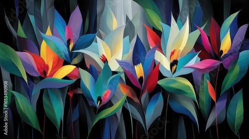Vibrant abstract floral arrangement with colorful leaves and blossoms against a dark background