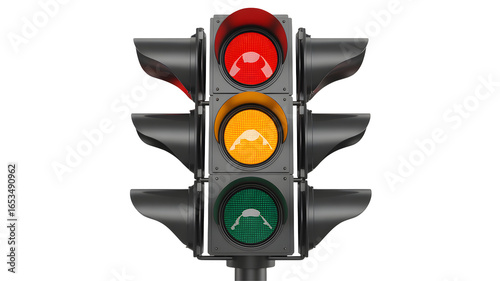 Traffic signal shows red, yellow, and green lights illuminated for traffic control