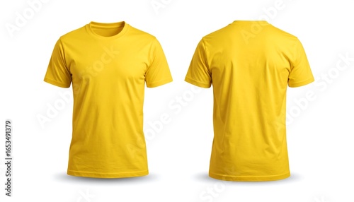 Front and back view of a bright yellow t-shirt (2)