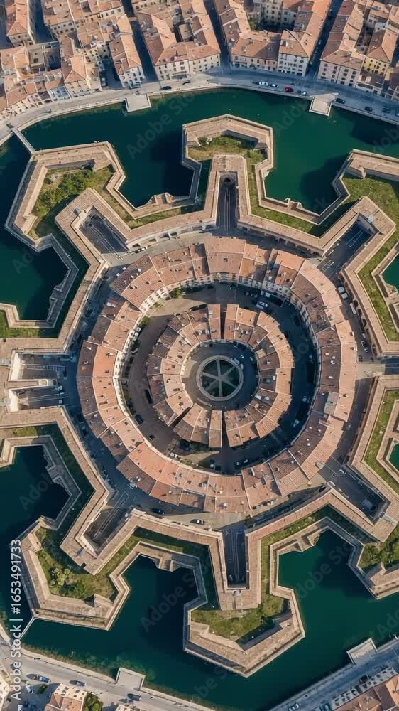 Aerial top-down view of a historic star-shaped fortress. Symmetrical citadel with a moat surrounded by a medieval town with terracotta roofs. Aerial top-down view of a historic star-shaped fortress. Symmetrical citadel with a moat surrounded by a medieval town with terracotta roofs.