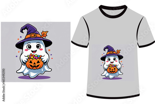 Spooky halloween t-shirt design with pumpkin, ghost, and horror elements – vector illustration for print nad more.
