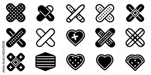 Assortment of black and white line art icons depicting various styles of adhesive bandages and medical plasters