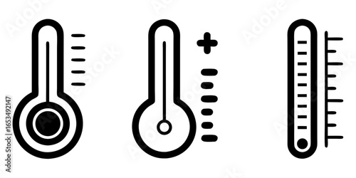 Three black and white icon illustrations of thermometers showing different temperature readings and scales