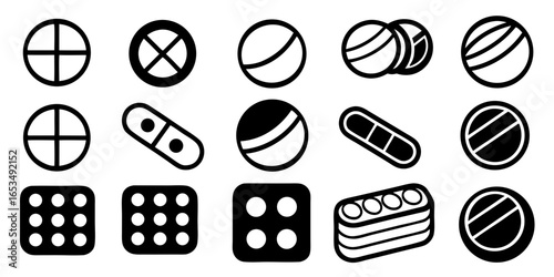 Assorted Medical Pill and Tablet Icons in Rows pills tablets