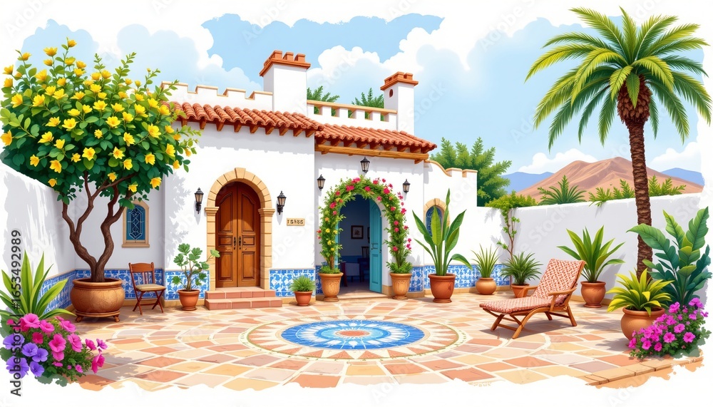 Fototapeta premium nile side villa with a mosaic patio painted in bright travel illustration on a white background, subject not filling the frame.