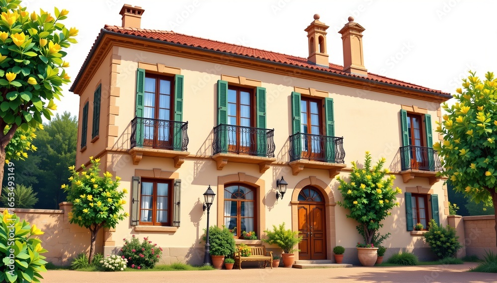 Fototapeta premium a bright travel illustration of a catalan villa with ornate iron balconies, isolated on a white background with ample space around.