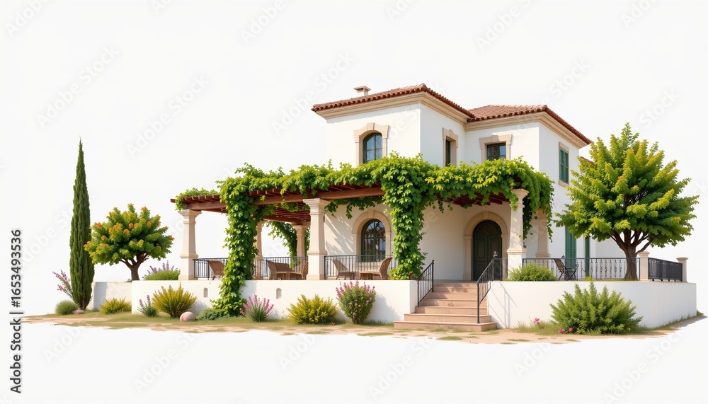 Fototapeta premium detailed architectural art depicting a nile side villa with a vine covered pergola centered on clean white with negative space.