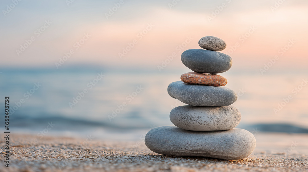 Fototapeta premium Stack of balanced stones on beach, calm meditation vibe