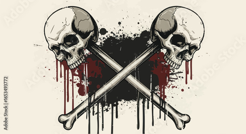 Two crossed skulls with dripping blood and splattered ink, creating a dark and macabre symbol.