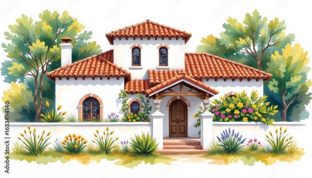 Fototapeta premium alhambra inspired house with terracotta roof tiles painted in romantic watercolor on a white background, subject not filling the frame.