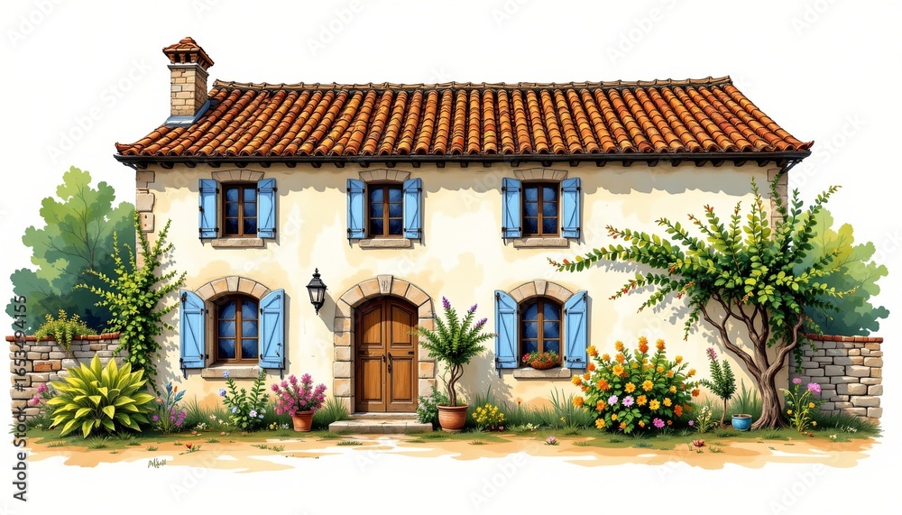 Fototapeta premium provencal farmhouse with terracotta roof tiles painted in whimsical ink and wash on a white background, subject not filling the frame.