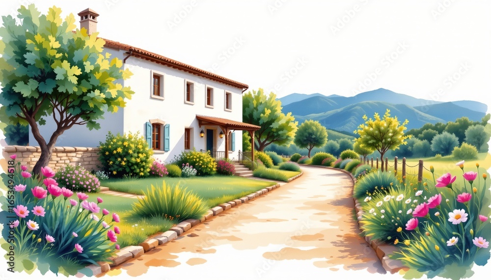 Fototapeta premium romantic watercolor depicting a mallorcan finca with lantern lit paths centered on clean white with negative space.