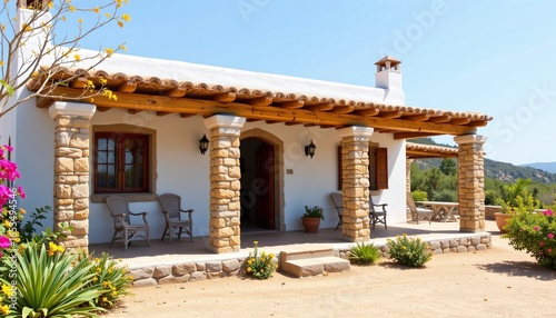 ibiza style cottage with stone columns painted in sunlit painting on a white background, subject not filling the frame.