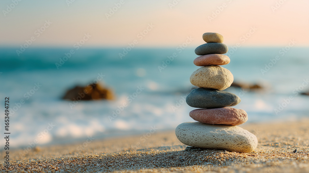 Fototapeta premium Stack of balanced stones on beach, calm meditation vibe