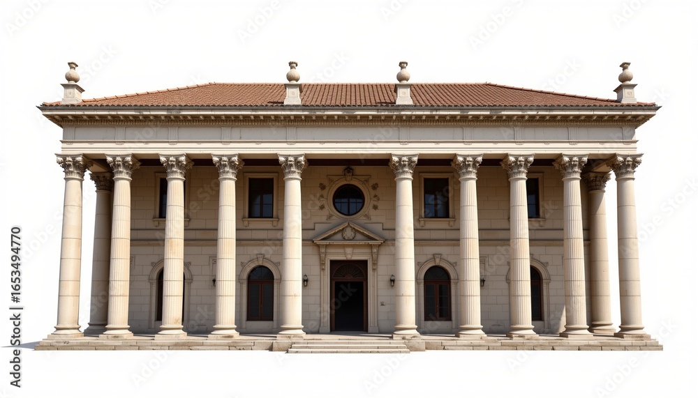 Fototapeta premium detailed architectural art depicting a romanesque villa with stone columns centered on clean white with negative space.