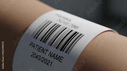 Hospital patient identification wristband with barcode and patient name data