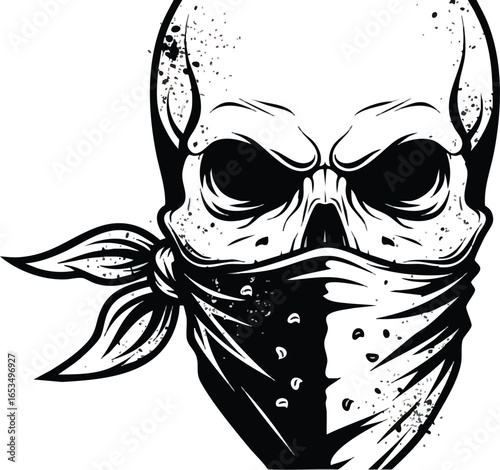 Skull with a bandana covering the lower face, in a black and white vector illustration style.