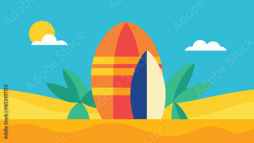 Beach Scene With Surfboards Palm Trees Sun And Clouds Keywords: beach, surfboards, ocean, sea, sand, palm trees, sun, clouds, sky, blue, yellow, orange, red, green, white, graphic, design