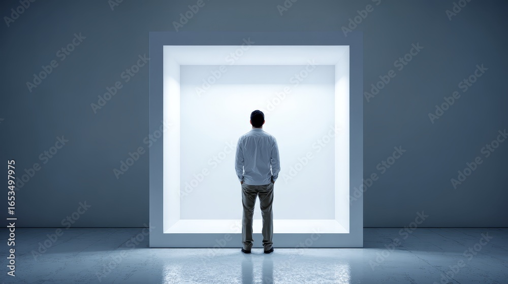 Obraz premium A solitary figure of a man is captured in a moment of stillness standing poised before a simple unadorned white door creating a minimalist and contemplative composition