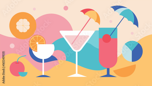 Colorful Cocktail Drinks With Fruit And Abstract Shapes cocktails beverages