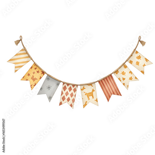 Charming watercolor bunting flags with rustic patterns isolated on transparent background