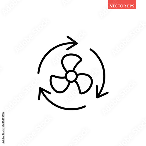 Black single Cooling fan line icon. Simple Propeller wind turbines with arrow cycle flat design pictogram vector for app ads web button ui interface elements isolated on white background