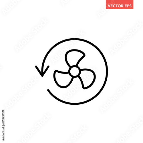 Black single Cooling fan line icon. Simple Propeller wind turbines with arrow cycle flat design pictogram vector for app ads web button ui interface elements isolated on white background