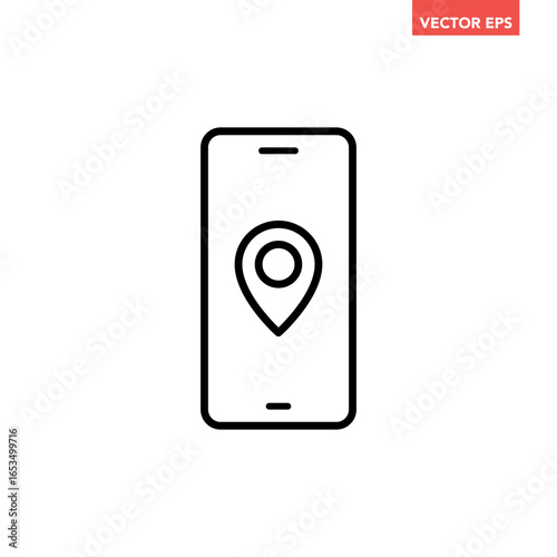 Black single location map pin in smartphone line icon. Simple GPS pointer marker flat design pictogram vector for app ads web button ui interface elements isolated on white background
