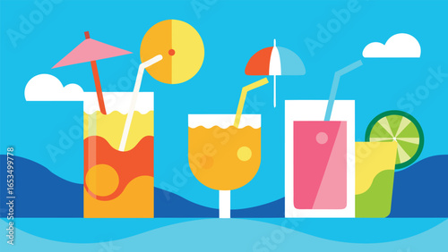 Colorful Summer Cocktails with Umbrellas and Garnish on Blue Background drinks beverages