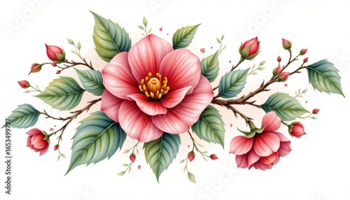 camellia entwined with vines rendered as a delicate watercolor on white, with negative space.