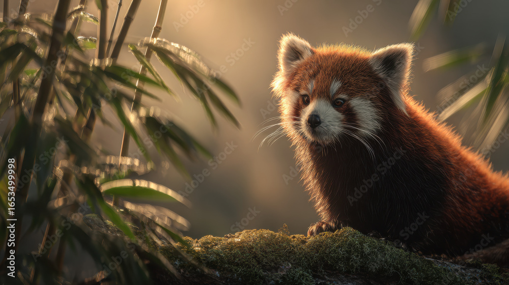 Naklejka premium 朝霧の竹林で佇むレッサーパンダ / Red Panda in Misty Bamboo at Dawn 