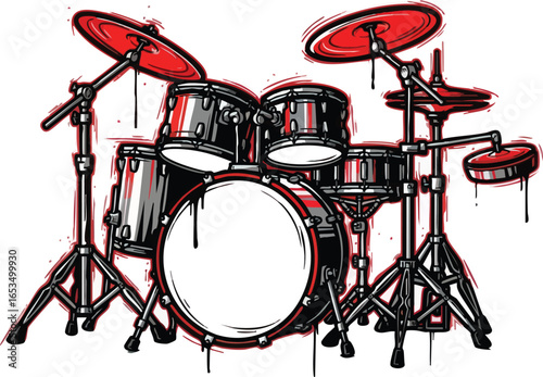 Illustration of a drum set with red accents, including cymbals, drums, and stands, in a stylized, graphic design.