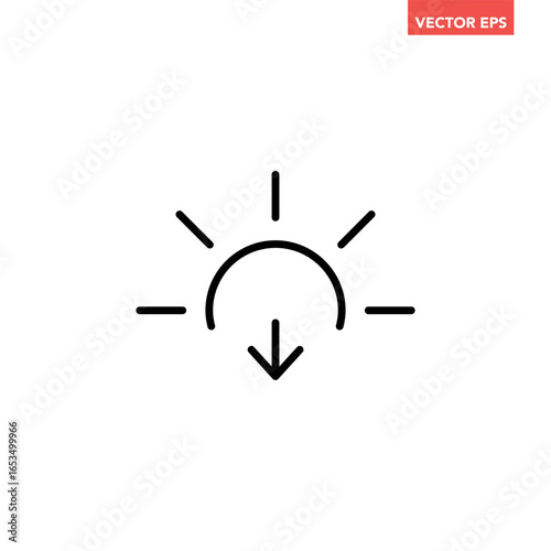 Black single sunset line icon, simple sun falling down flat design vector pictogram, infographic vector for app logo web website button banner ui ux interface elements isolated on white background