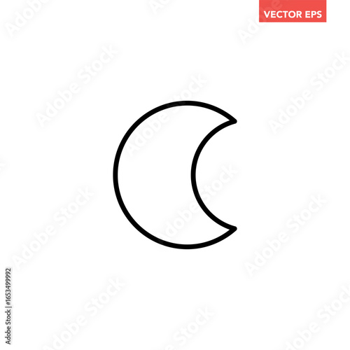 Black single half moon line icon, simple night symbol flat design vector pictogram, infographic vector for app logo web website button banner ui ux interface elements isolated on white background