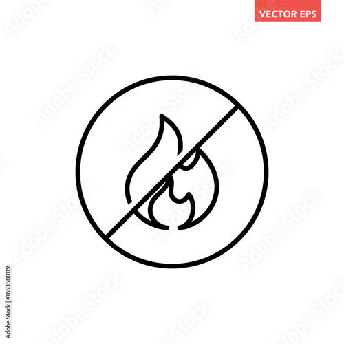 Black single no fire thin line icon, stop flame, simple round no burn safety sign flat design pictogram vector for app web button banner ui interface elements isolated on white background