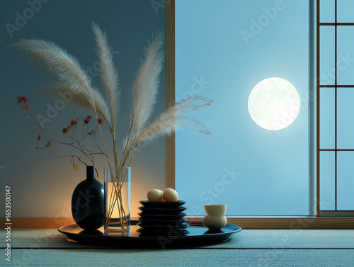月見団子とすすきと満月の静物 / Tsukimi Still Life with Full Moon and Pampas Grass
