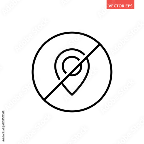 Black single no GPS signal line icon, location denied and navigation error flat design vector pictogram, infographic interface element for app logo web website button ui ux isolated on white backgroud