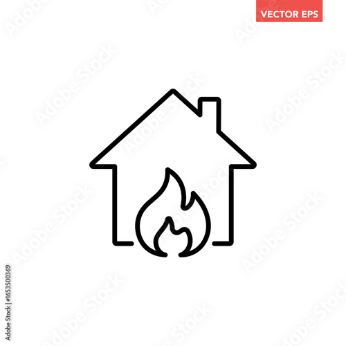 Black single house on fire line icon. simple fire emergency and home safety flat design pictogram, infographic vector for app logo web button ui ux interface elements isolated on white background