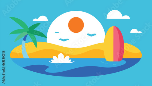 Flat Design Illustration of a Tropical Island with Palm Tree and Surfboard beach ocean