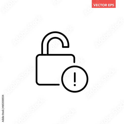 Black single unlock with exclamation mark line icon, simple login access denied flat design pictogram, infographic vector for app logo web button ui ux interface elements isolated on white background