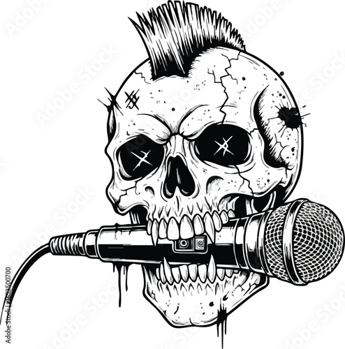 A detailed illustration of a cracked skull with a mohawk hairstyle, gripping a microphone in its teeth, rendered in a stark black and white graphic style.
