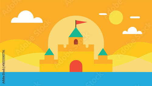 Flat Design Sandcastle on Beach with Sun Clouds and Ocean Background vector illustration