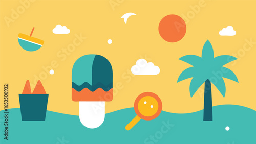 Flat Design Summer Beach Scene With Ice Cream Palm Tree And Beach Toys vacation holiday