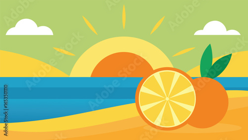 Flat Design Summer Beach Scene with Orange Fruit and Sun ocean sand