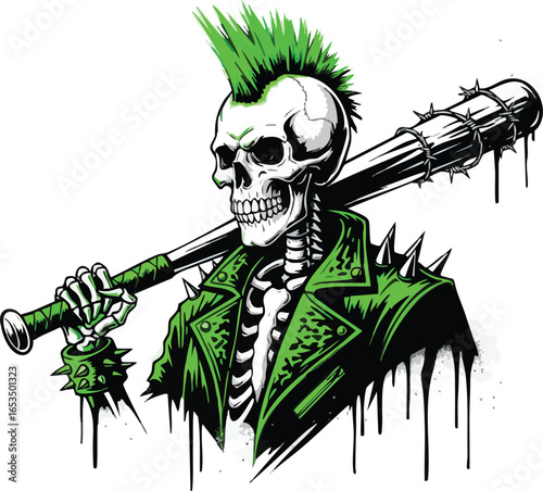 A skeleton with a green mohawk and spiked jacket holds a barbed wire baseball bat over its shoulder.